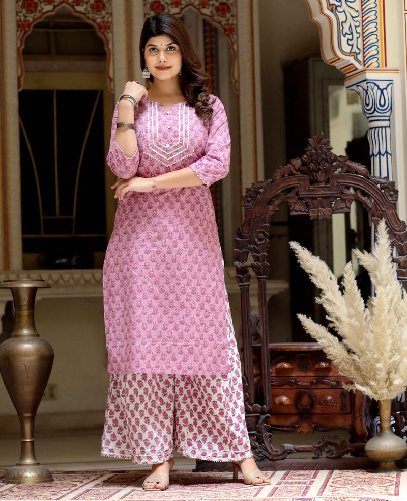 Miravan Pink Floral Print Kurta and Palazzo for Women - Image 1